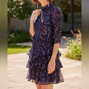 Rebecca Taylor Navy Lavender Ruffle Dress Silk Chiffon Polkadot Holiday Party 4